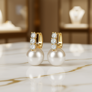 Pendientes de Perlas Doradas con Cristales, Oro de 18K, Joyería Clásica para Uso Diario de Mujer - Product Image 2
