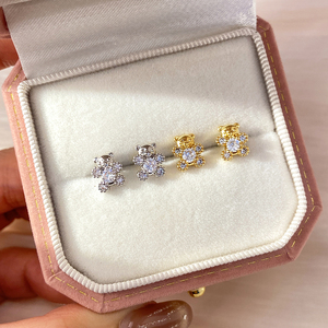 Minimalist Women's Earrings Gift Set Elegan Bear Clover Ribbon Cherry Rhinestone Round Flower Ear Jewelry 925 <strong>Silver</strong> <strong>Studs</strong> - Product Image 6
