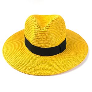 Topi Panama Anyaman Warna Solid Baru dengan Pinggiran Lebar dan Pita Hitam, Topi Jerami Fedora Pelindung Matahari untuk Musim Panas di Pantai, untuk Wanita dan Pria - Product Image 4