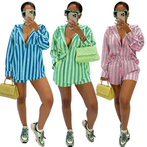 Spring Fall Women Custom Logo Clothing Striped Shirt Top Blouse And Shorts Sets Casual Two Piece Shorts Sets Women Clothing