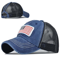 Gorra de malla de red con agujero de cola de caballo lavado de algodón, gorra de camionero bordada con bandera de EE. UU., gorra de béisbol transpirable desgastada para mujer