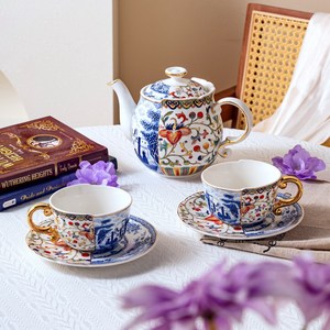 Ceramic Tea Set - Blue <b>White</b> and Doucai Floral <b>Teapot</b> with 2 Cups and Saucers - Product Image 1