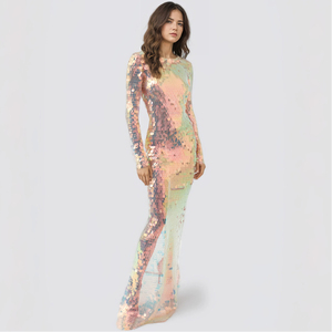 knee length dresses for ladies Sheer Mesh Maxi Dress, Holographic Geometric Print Gown, Black Spandex –  Kikimora Fashion Store