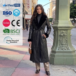 Cappotto Lungo in <span class=keywords><strong>Pelle</strong></span> Nera da Donna con Bordo in Pelliccia | Cappotto <span class=keywords><strong>Trench</strong></span> in Finta Pelliccia, Soprabito Invernale Caldo con Cintura per Streetwear e Casual - Product Image 1