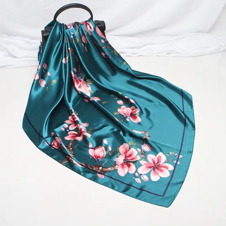 Chinese Style Fashion Women Green Floral Print Scarf Hijab Muslim Satin Silk Square Scarf 90x90 cm