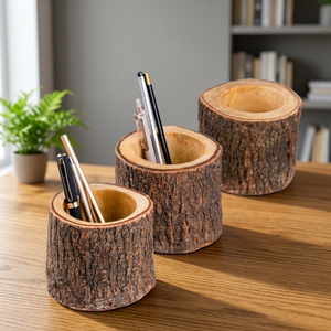 <b>Rustic</b> <b>Wood</b> Eco-friendly Painted Pen Holder Set Natural Tree Bark Desk Organizer Shape Home Office Decoration Tabletop Craft - Product Image 1