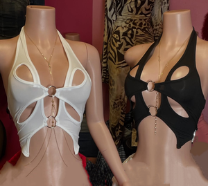 Viviblook Z228TP Women Tank <b>Top</b> Summer Clothes New Slim Sexy Hollow Out <b>Backless</b> Bandage Metal Ring Vest Sexy Halter Crop <b>Top</b> - Product Image 1