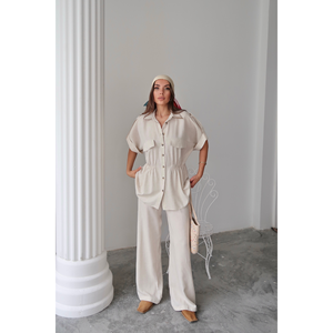 Conjunto de Camisa y Pantalones de Lino con Cintura Ajustable con Cordón para Mujer, Talla S - Product Image 2