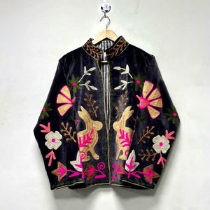 Vintage Black <b>Velvet</b> Suzani Embroidered <b>Jacket</b> With Floral And Rabbit Motif Full Sleeve Stand Collar Bohemian <b>Women's</b> Winter Coa - Product Image 1