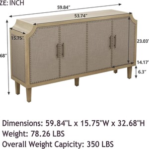 Manufacturer's 60-inch console table with linen doors, sofa table, wooden <b>sideboard</b> with adjustable 2-shelf. - Product Image 2