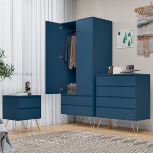 Moderno <span class=keywords><strong>blu</strong></span> 3 pezzi camera da letto con cassettiera armadio e comodino durevole e salvaspazio mobili di stoccaggio - Product Image 2