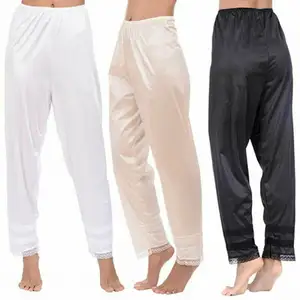Custom Logo Womens Pajama Pants Wide Leg Casual Lounge Sleep Bottoms Elastic Waist Satin Lace Loose Sleepwear Trousers