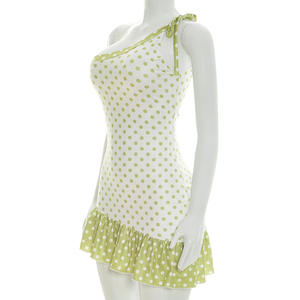 Viviblook J26DS154 Women Summer Sleeveless Dress Sexy Polka Dot <b>Print</b> Single Shoulder Lace Up Asymmetrical <b>Mini</b> Bodycon Dresses - Product Image 4