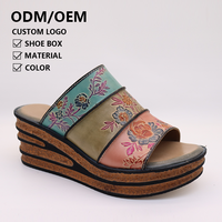 Zhimei luxe créateur de mode femme en plein air chaussures à talons épais rétro ethnique à la main en cuir véritable pantoufles compensées femmes