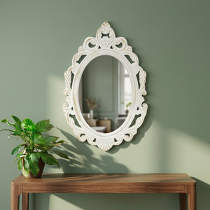 Precio asequible Espejo decorativo de madera Montaje en pared ovalado blanco enmarcado para un elegante dormitorio de hotel Acento decorativo - Product Image 1
