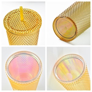 24 oz doble pared mate rosa amarillo enjoyado diamante plástico acrílico tachonado vaso con pajita - Product Image 2