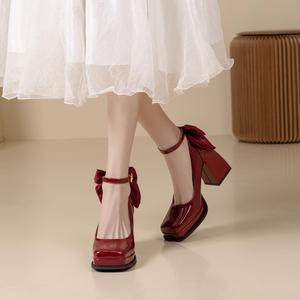 Women's Wine <b>Red</b> Bow High <b>Heels</b> Platform Non-slip Comfortable Princess Style Main Wedding Bridal Shoes - Product Image 2