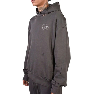 Patchs de broderie personnalisés automne coton lâche décontracté sport de rue pull hommes goutte épaule sans poche sweat à capuche dommages - Product Image 5