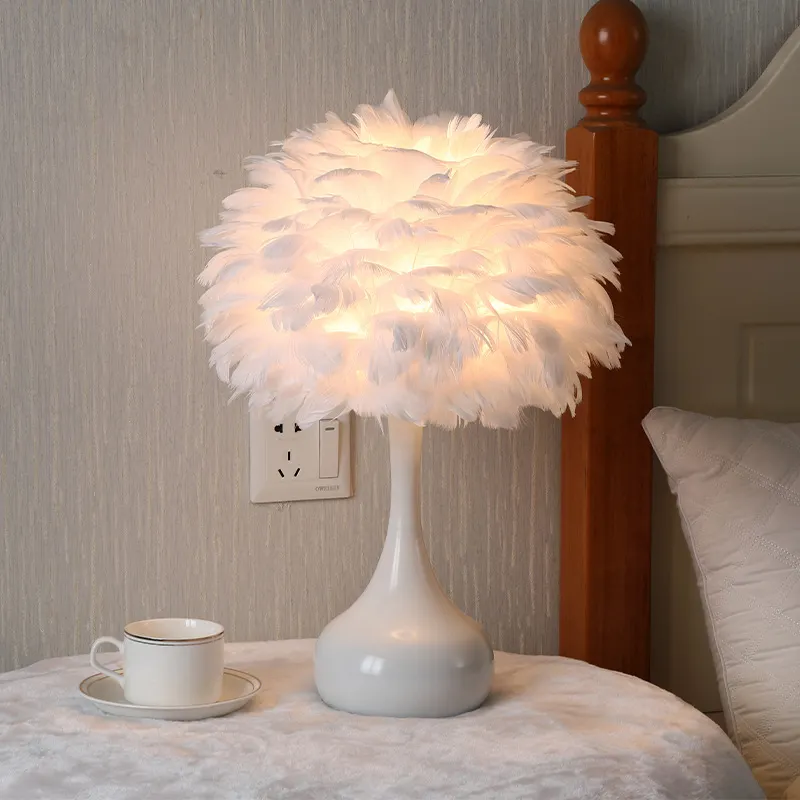 Hot Sale Dimmable Decorative Metal Feather Bedside Lamp Touch Bedroom Cosy Night Bedside White Feather Table Lamp