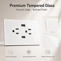 Prise murale USB-C standard américaine 6 ports 10A 20W à charge rapide, panneau en verre trempé blanc, noir, gris pour maison et hôtel