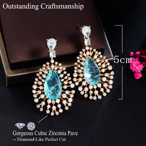 Parlak açık mavi su damlası kırık buzlu Out kübik zirkon Dangle yuvarlak uzun büyük gözyaşı küpe kadınlar için parti balo takı - Product Image 6