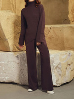 Ensemble de vêtements en tricot pour femmes, pull et pantalon en tricot, design biseauté à col roulé ample et chaud pour l'hiver, taille plus, 2 pièces