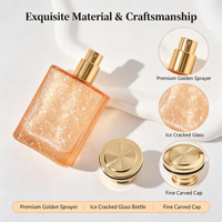 Flacon de parfum de luxe vide en verre pêche 50 ml, surface craquelée, col doré, bouchon noir et or, emballage personnalisé, vente en gros usine