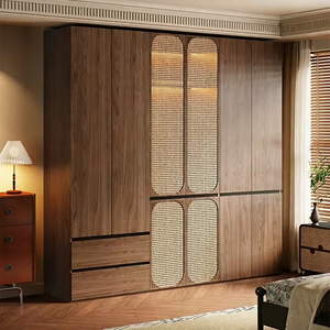 Série de meubles de chambre à coucher en bois brun clair/foncé, rotin naturel + bois massif, style rétro Nanyang, armoire, meilleur prix - Product Image 4