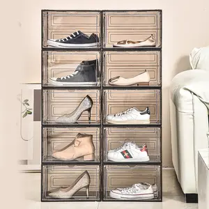 Foldable Magnet Folding Plastic Shoe Storage Rack Integrated High Shoes Cabinet Side-opening Transparent Shoe Storage Box