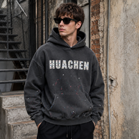 Sweat à capuche personnalisé en molleton 500 GSM pour homme, 100 % coton, délavé à l'acide, effet vieilli, peint à la main, strass, impression sérigraphique, streetwear, OEM