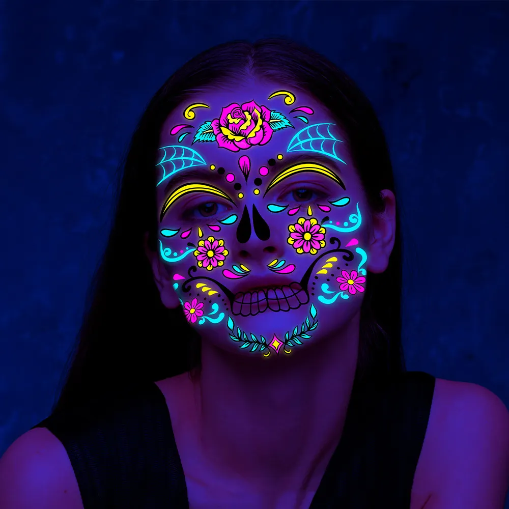 Penjualan laris stik tato wajah mati hari neon Halloween berpendar stiker tato neon pesta