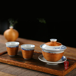 Zhuqige Bamboo Woven Porcelain Gaiwan <b>Tea</b> <b>Set</b> Hand Painted Celadon Traditional Chinese Style Teaware For Gift - Product Image 1