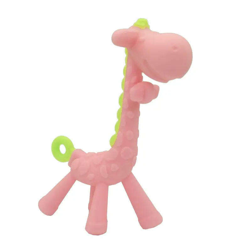 Design wholesale animal pink giraffe shape baby silicone teether Toy Food Grade BPA Free Soothing Teether for Infant Boys girls