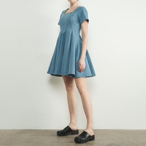 Summer Korean <strong>Wholesale</strong> Boutique Soft Washed Fabric High Waist <strong>Central</strong> Back Zipper Square Neck Denim Bottom Ruffle Dresses - Product Image 2