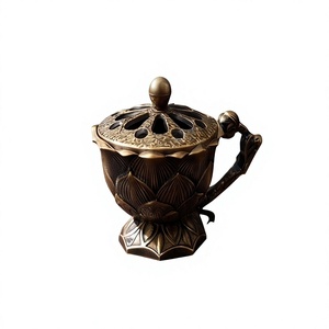 Wholesale Gold Metal <b>Incense</b> Censer Lotus Flower Stand Sculpted Handle <b>Cone</b> Holder Cutout Lid - Product Image 1