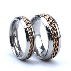 Non Fade Unique Rose Gold Cable Twisted Inlay Steped Titanium Ring For Wedding