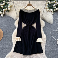 Robe décontractée pour femmes, élégante, à col volanté, manches longues, tricotée, coupe évasée, avec boutons en perles, pour un usage quotidien