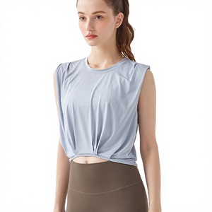Débardeur de yoga court pour femme, à ourlet froncé, sans manches, col rond, ample, respirant, pour l'entraînement, le Pilates et le sport, vente en gros - Product Image 1