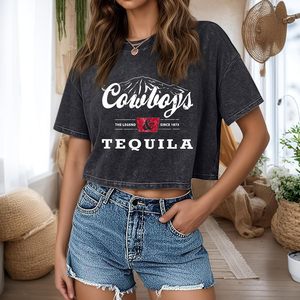 T-shirt court femme FOXA Western Cowboy, motif vintage, en jersey de coton délavé à l'acide, anti-rétrécissement - Product Image 6