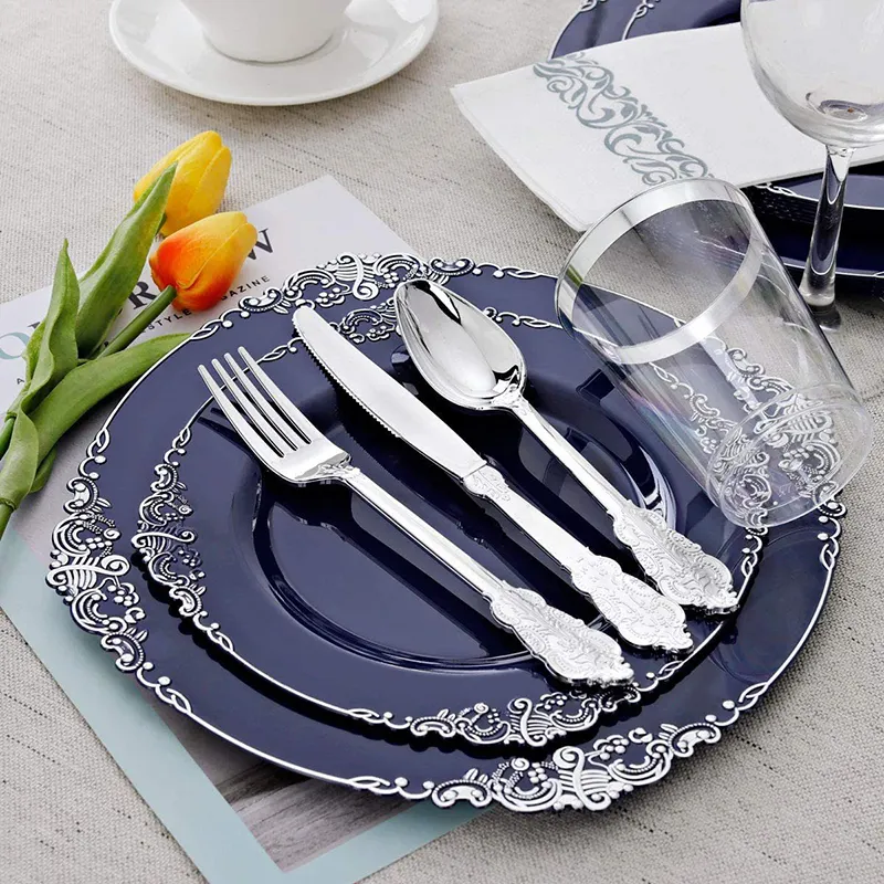 Unbreakable Plastic Dinnerware Set Navy Blue Wedding Plastic Plate Set Party Decorations Plates Dinnerware Set