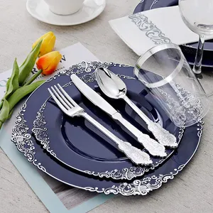 ชุดเครื่องใช้บนโต๊ะอาหารพลาสติกสีน้ำเงินเข้มชุดจานพลาสติกสำหรับงานแต่งงานชุดจานสำหรับงานเลี้ยง