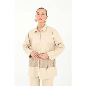 Chemise en cuir pour femme Mango avec détails en maille, beige, élégante, transparente, boutonnée, à porter au quotidien - Product Image 2