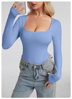 Combinaison de yoga une pièce pour femme à col carré et manches longues, en nylon brossé et élasthanne, coupe ajustée, pour la gym et l'entraînement