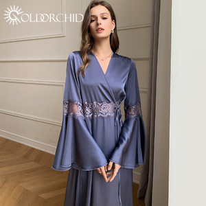 Batas de encaje para <span class=keywords><strong>mujer</strong></span>, ropa de dormir de lujo para <span class=keywords><strong>mujer</strong></span>, decoración de flores en la espalda de boda, vestido de Bata, Pijama largo y elegante de punto aceptado - Product Image 1