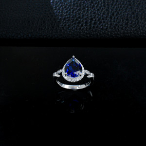 Anillo de Plata de Ley 925 con Zafiro Creado en Laboratorio, Corte Pera, con Halo, para Mujer, Talla K - Product Image 2