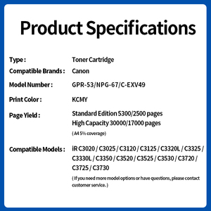 Cartouche de toner couleur NPG-67 GPR-<span class=keywords><strong>53</strong></span> C-EXV49 compatible avec Canon C3020 C3222 C3125 C3130 C3120L C3025 C3226 <span class=keywords><strong>L</strong></span> C3826 C3520 - Product Image 4