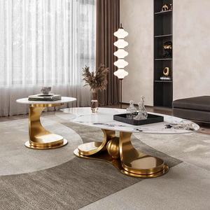 Nouvel arrivage de meubles de salon table centrale cadre en acier inoxydable brillant dessus en marbre table de café dorée - Product Image 5