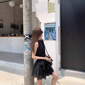 French Style Halter Neck Sleeveless Blue Dress A Line Skirt With Bow Tie Casual Daily Wear Solid Color Polyester - Product Image 4