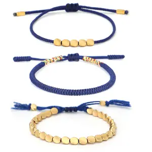 Kleurrijke Verstelbare Handgemaakte Geweven Stapel Armbanden Sets Met Bedels Blauw Verschillende Dikte Katoen En Koperen Kralen Voor Dames