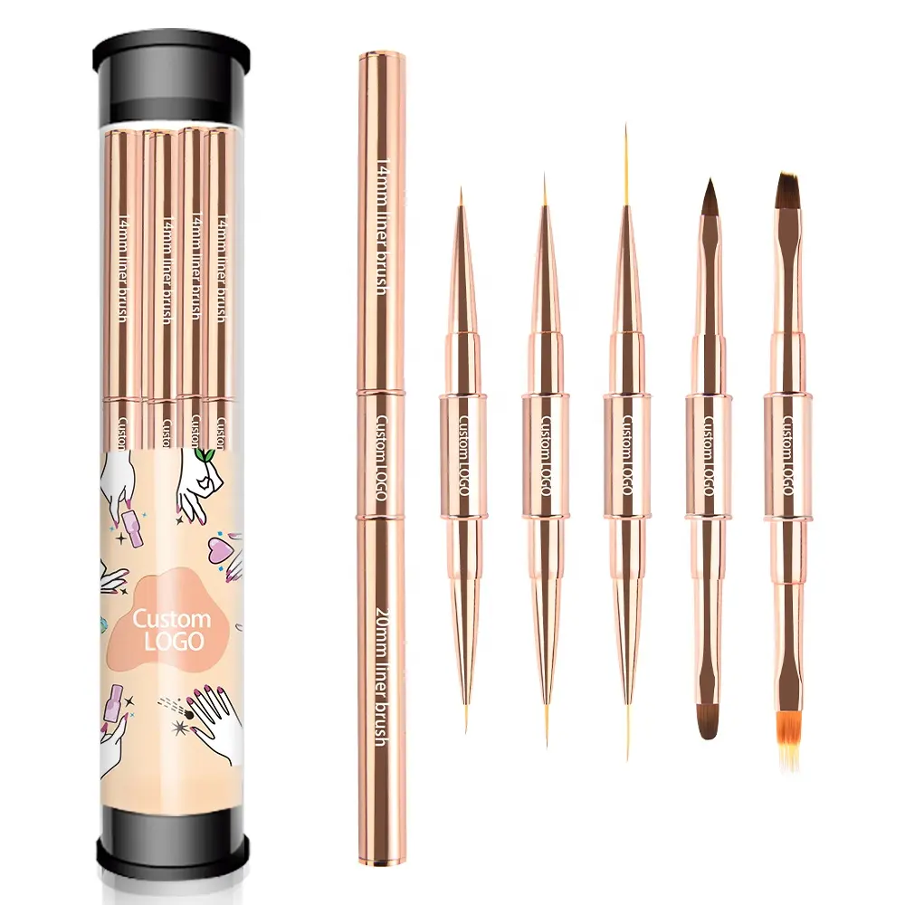 Custom New Gel Art Design Double End Rose Gold Metal Handle Nail Art Paint Brush Liner 3d Nails Brush with cover Ombre Flat
